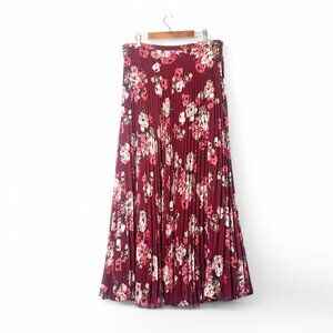 Garnet Hill Floral Pleated Plisse Maxi Skirt Size 10 Red & Pink Polyester Lined